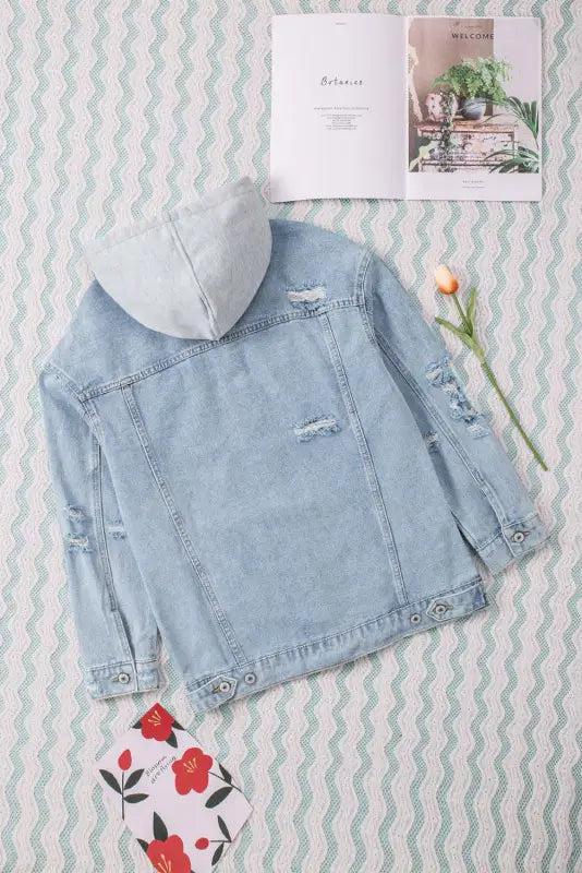 Sky blue button closure ripped hooded denim jacket - jackets