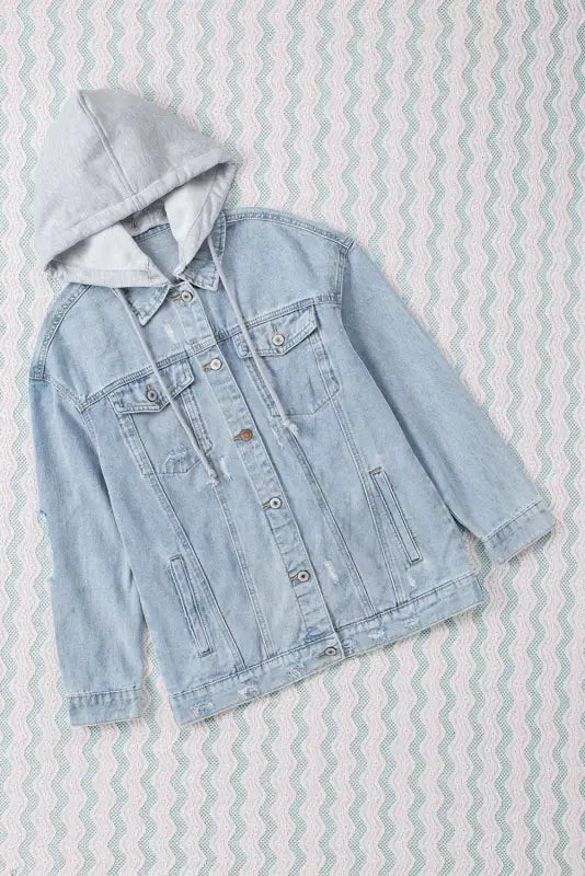 Sky blue button closure ripped hooded denim jacket - jackets