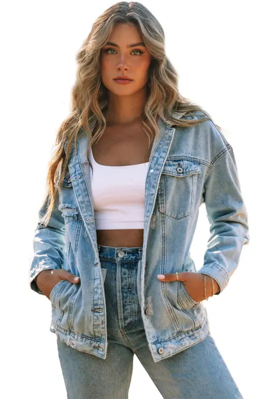 Sky blue button closure ripped hooded denim jacket - jackets