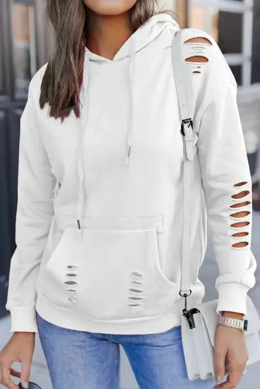 Ripped Hooded Sweatshirt - Kangaroo Pocket - Fashionfitz