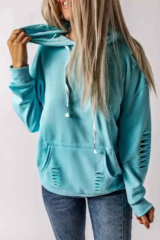 Ripped Hooded Sweatshirt - Kangaroo Pocket - Fashionfitz