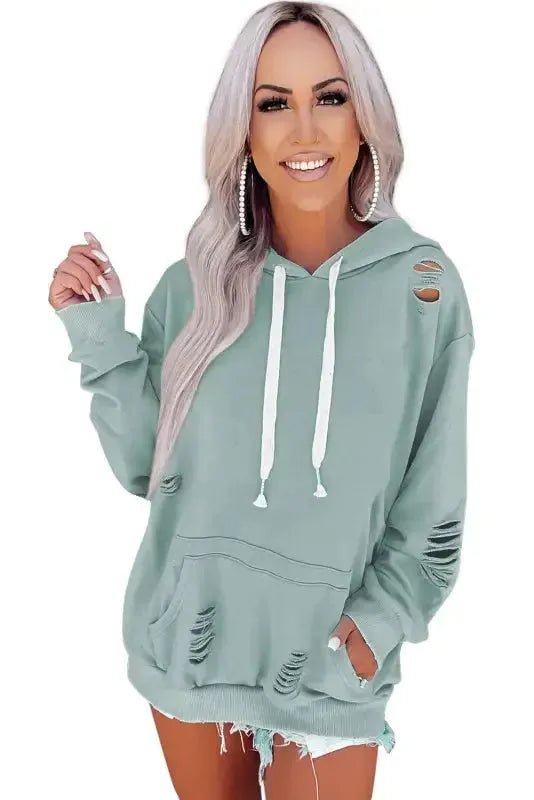 Ripped Hooded Sweatshirt - Kangaroo Pocket - Fashionfitz