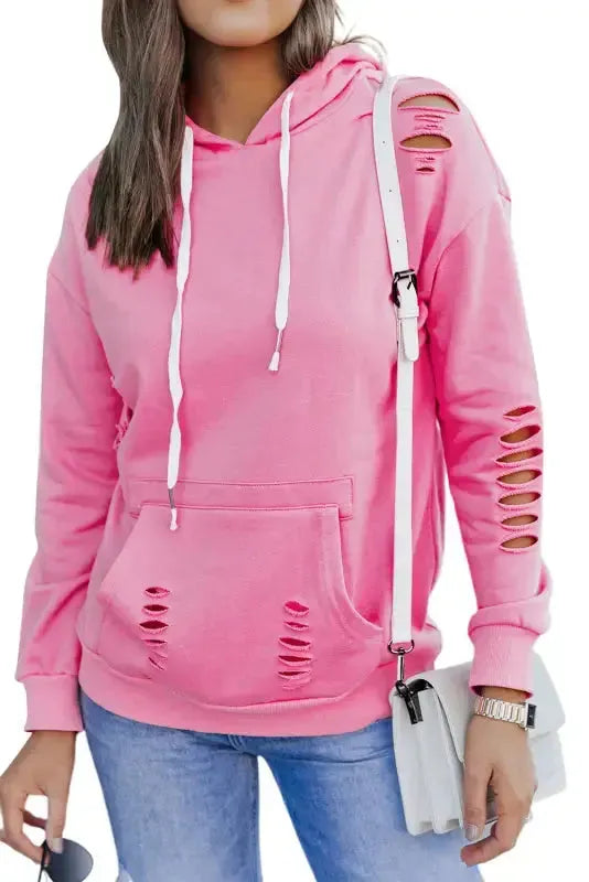 Ripped Hooded Sweatshirt - Kangaroo Pocket - Fashionfitz