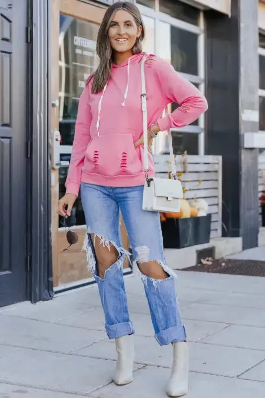 Ripped Hooded Sweatshirt - Kangaroo Pocket - Fashionfitz