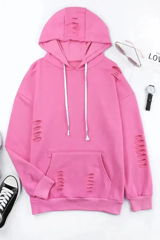 Ripped Hooded Sweatshirt - Kangaroo Pocket - Fashionfitz