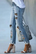 Ripped Skinny Jeans - Sky Blue Printed Patch - Fashionfitz
