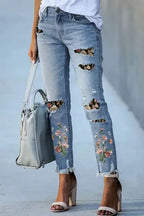 Ripped Skinny Jeans - Sky Blue Printed Patch - Fashionfitz
