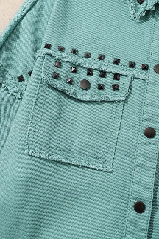 Mist green frayed trim riveted denim jacket - jackets