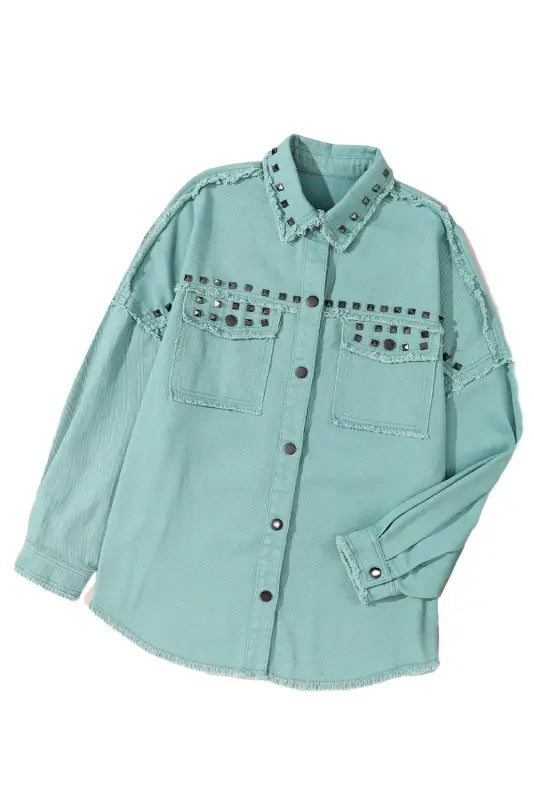 Mist green frayed trim riveted denim jacket - jackets