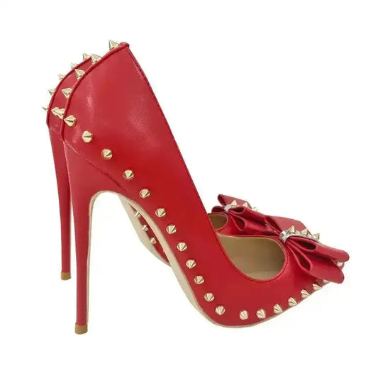 Back view of red Riviera Bow Court Heels with gold studs and stiletto heel, showcasing bold and elegant design.