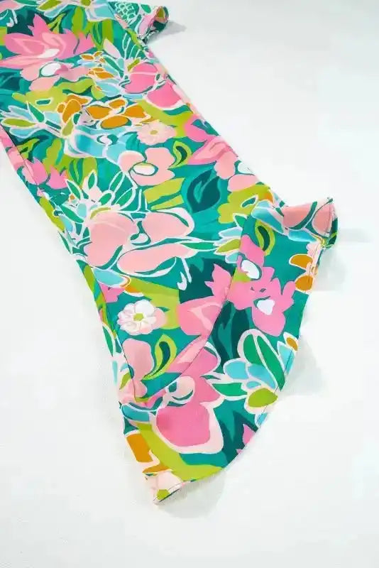 Riviera Strapless Jumpsuit - Green Tropical Print Ruffled - Fashionfitz