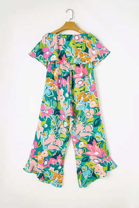 Riviera jumpsuit - green mix tropical print strapless ruffled - bottoms/jumpsuits & rompers