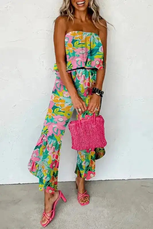 Riviera Strapless Jumpsuit - Green Tropical Print Ruffled - Fashionfitz