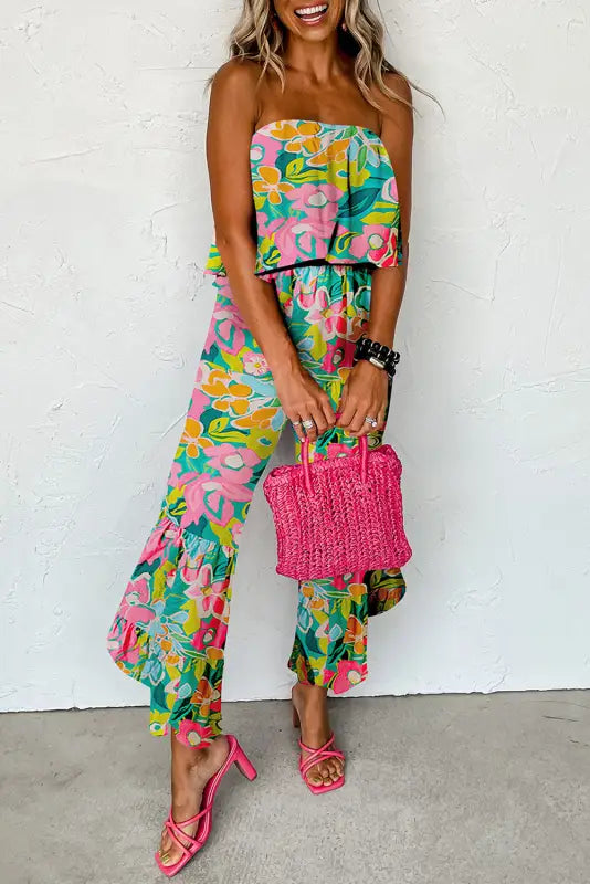 Riviera jumpsuit - green mix tropical print strapless ruffled - s / 100% polyester - bottoms/jumpsuits & rompers