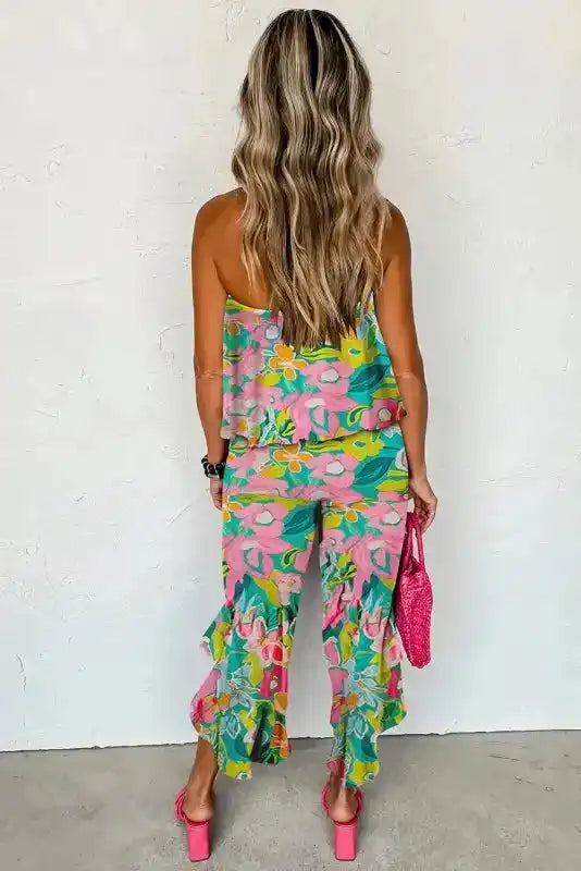 Riviera Strapless Jumpsuit - Green Tropical Print Ruffled - Fashionfitz