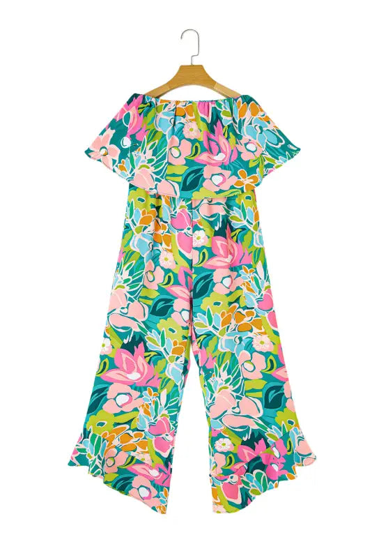 Riviera jumpsuit - green mix tropical print strapless ruffled - bottoms/jumpsuits & rompers