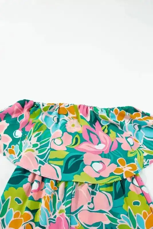 Riviera Strapless Jumpsuit - Green Tropical Print Ruffled - Fashionfitz