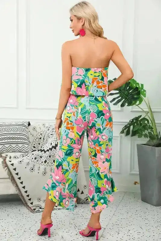 Riviera Strapless Jumpsuit - Green Tropical Print Ruffled - Fashionfitz