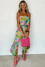 Riviera Strapless Jumpsuit - Green Tropical Print Ruffled - Fashionfitz