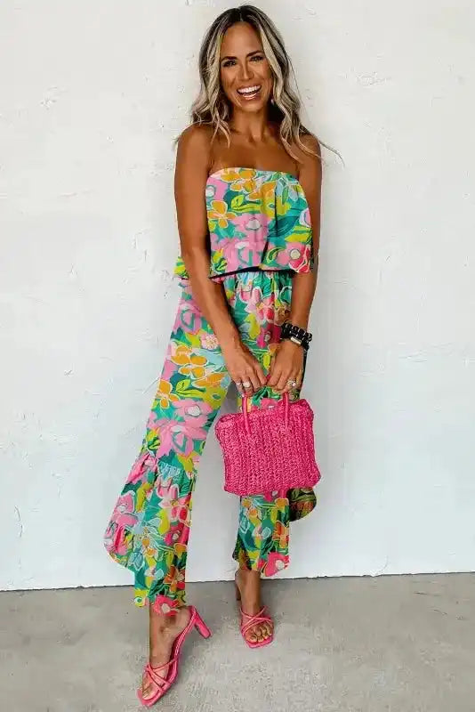 Riviera Strapless Jumpsuit - Green Tropical Print Ruffled - Fashionfitz
