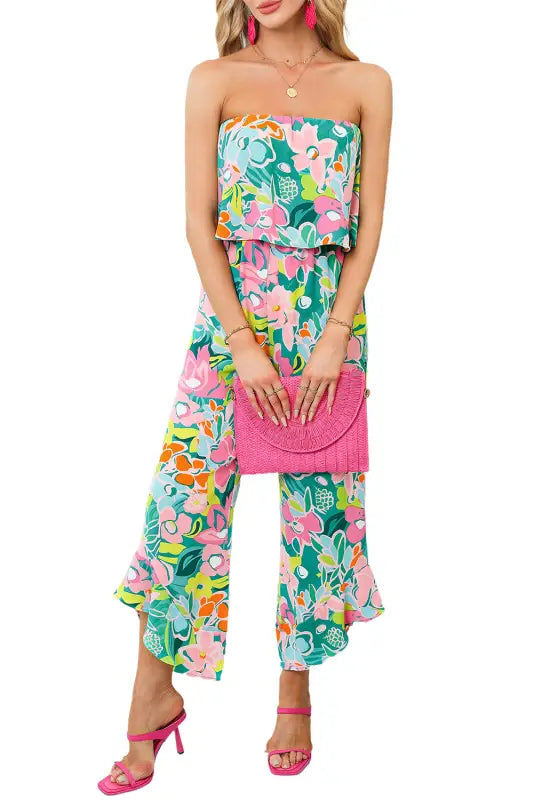 Riviera jumpsuit - green mix tropical print strapless ruffled - bottoms/jumpsuits & rompers