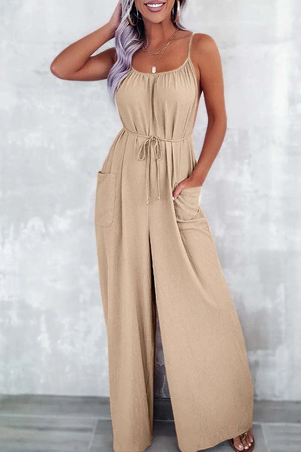 Riviera wide leg jumpsuit with pockets - apricot / s / 100% polyester - bottoms/jumpsuits & rompers