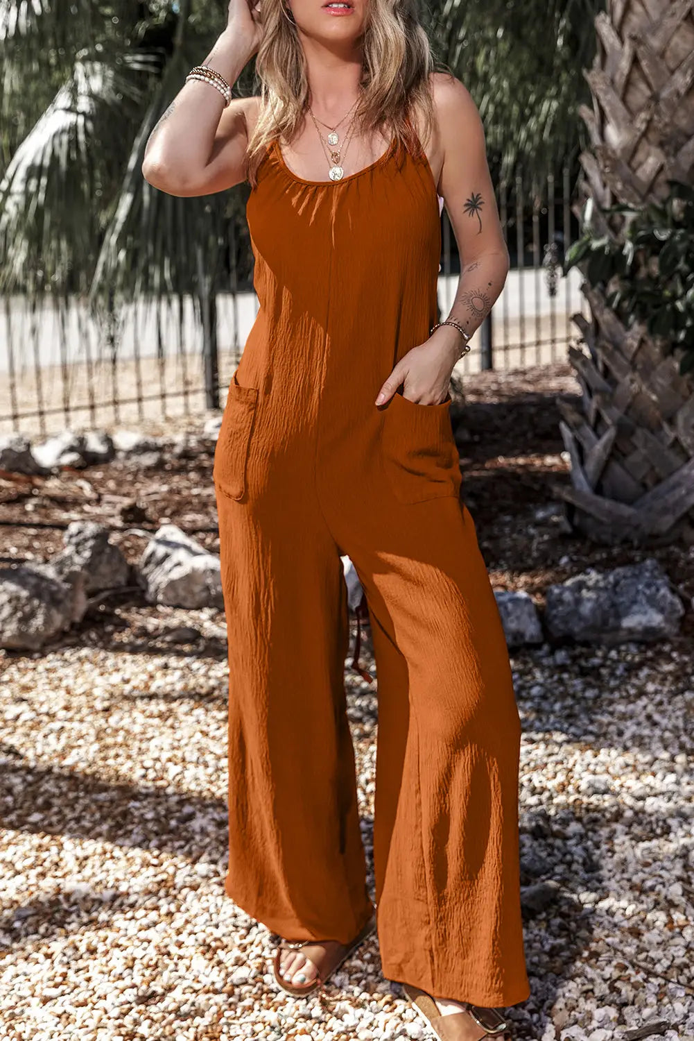 Riviera wide leg jumpsuit with pockets - chestnut / s / 100% polyester - bottoms/jumpsuits & rompers