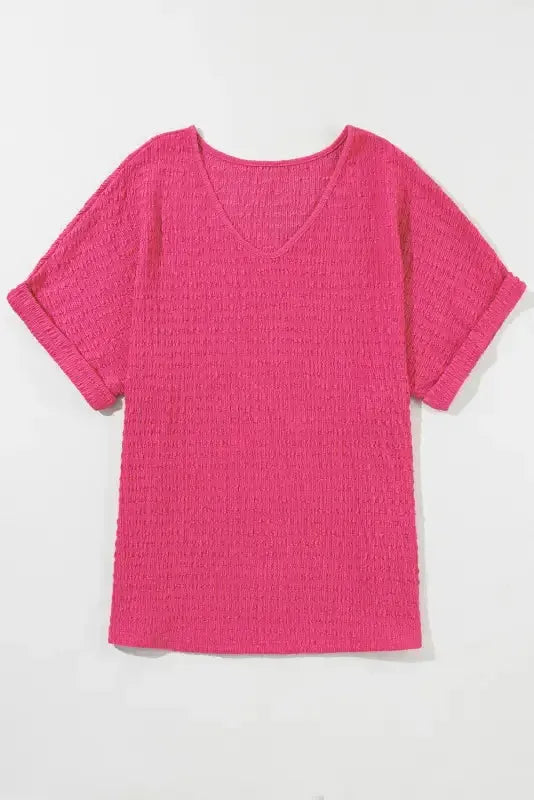 Rolled Short Sleeve V Neck Blouse - Fashionfitz