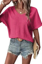 Textured Rolled Short Sleeve V-Neck Blouse Women UK in bright pink — front view showing loose shift silhouette and V-neckline — Fashionfitz