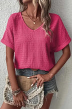Rolled Short Sleeve V Neck Blouse - Fashionfitz