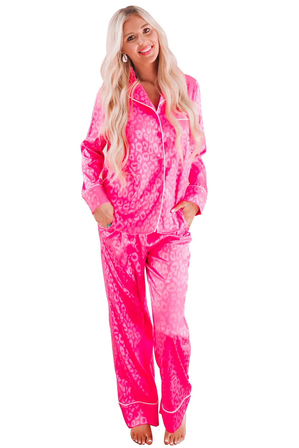 Rose 2pcs leopard satin long sleeve pajamas set - loungewear