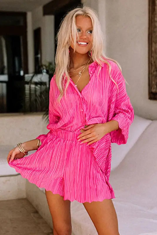 Rose 3/4 sleeves pleated shirt and high waist shorts lounge set - loungewear