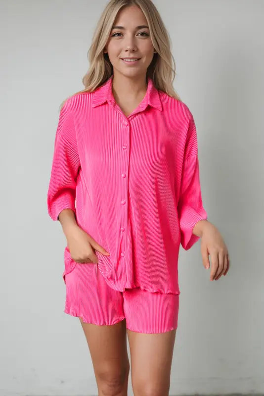 Rose 3/4 sleeves pleated shirt and high waist shorts lounge set - loungewear