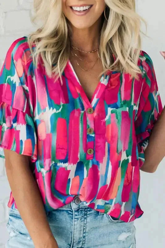 Rose Abstract Brushwork Print Blouse - Fashionfitz