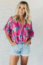 Rose Abstract Brushwork Print Blouse - Fashionfitz