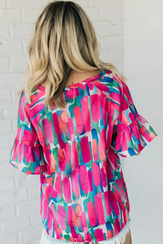 Rose abstract brushwork print buttoned v neck blouse - blouses & shirts