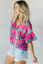 Rose Abstract Brushwork Print Blouse - Fashionfitz