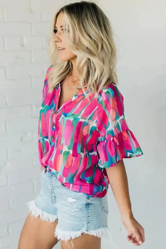 Rose Abstract Brushwork Print Blouse - Fashionfitz