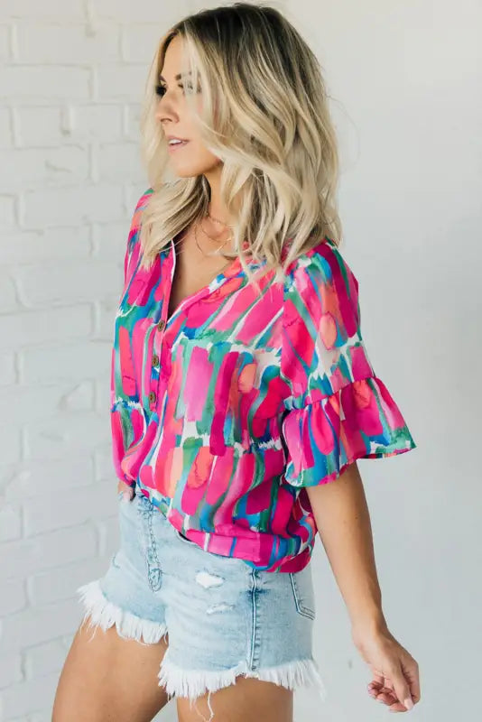 Rose abstract brushwork print buttoned v neck blouse - blouses & shirts