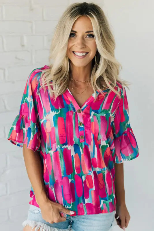 Rose abstract brushwork print buttoned v neck blouse - blouses & shirts