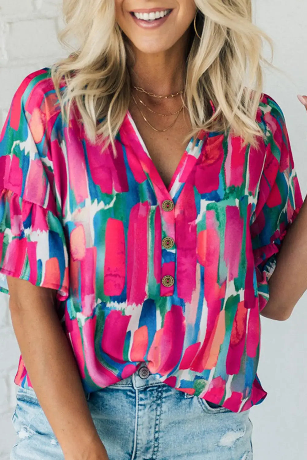 Rose abstract brushwork print buttoned v neck blouse - l / 100% polyester - blouses & shirts