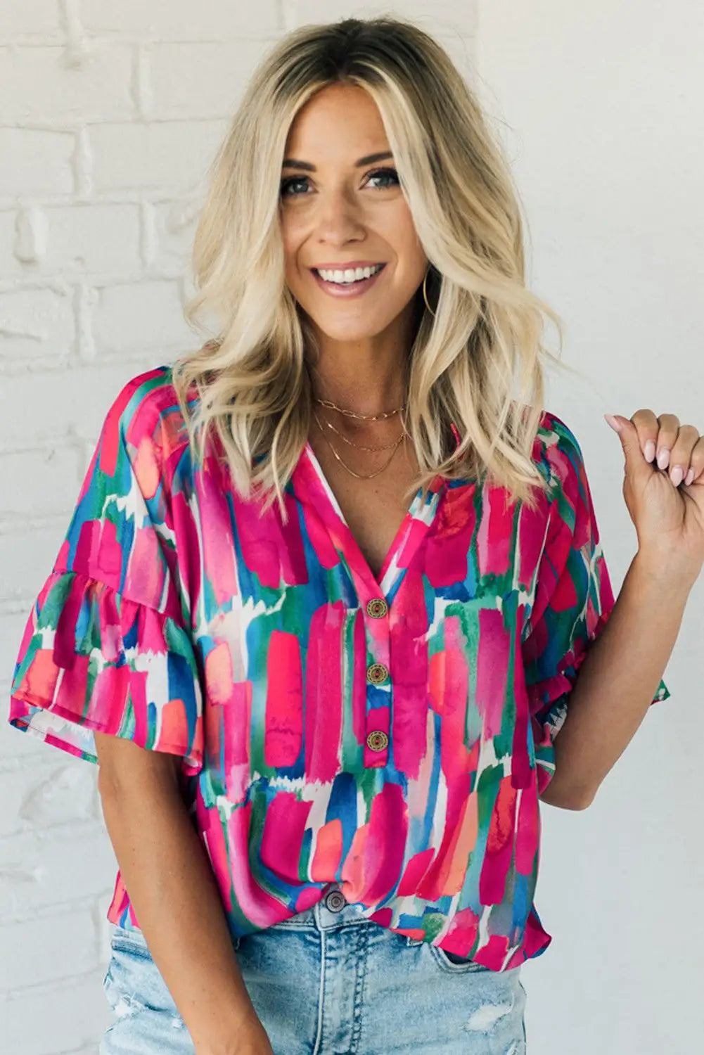 Rose abstract brushwork print buttoned v neck blouse - blouses & shirts