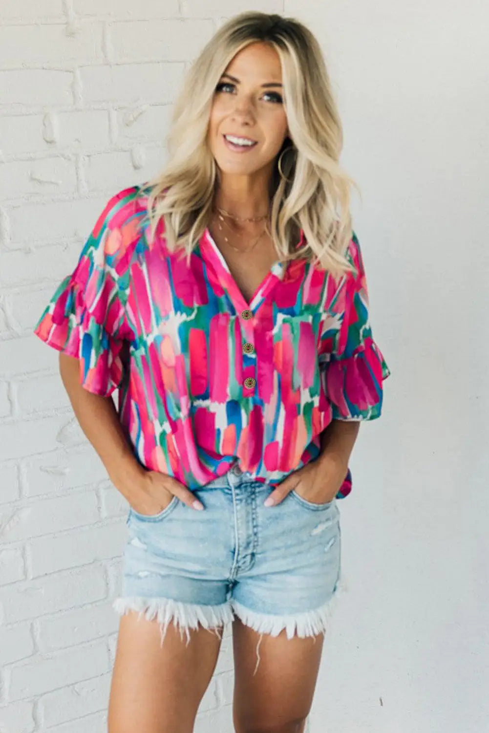 Rose abstract brushwork print buttoned v neck blouse - blouses & shirts