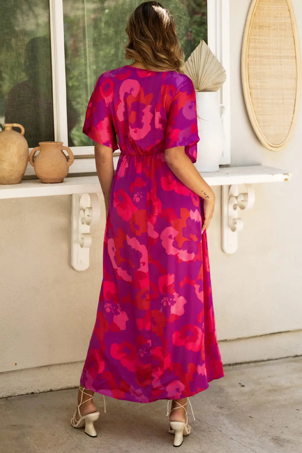 Rose abstract floral print v neck dolman maxi dress -