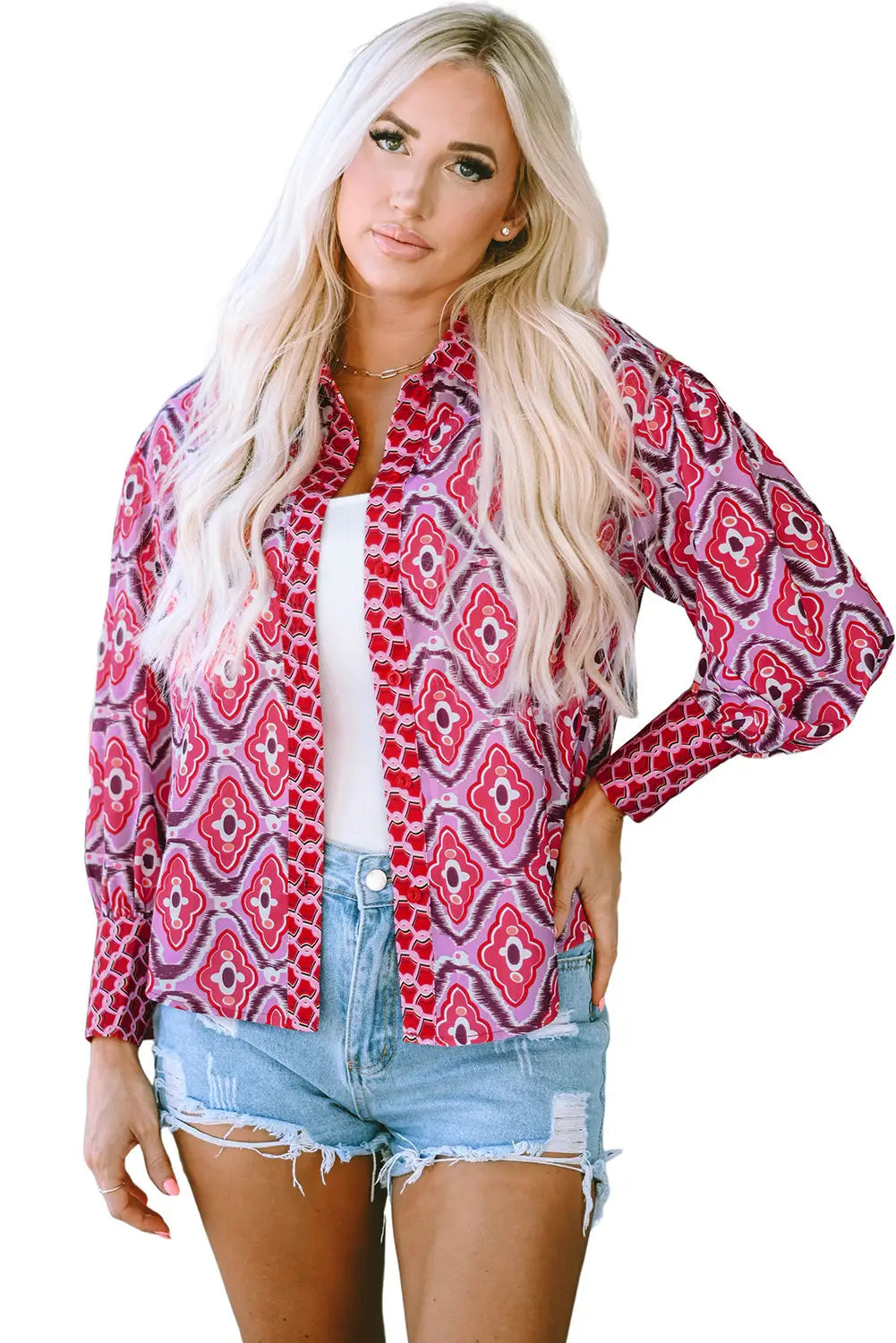 Rose abstract print button up long sleeve shirt - tops