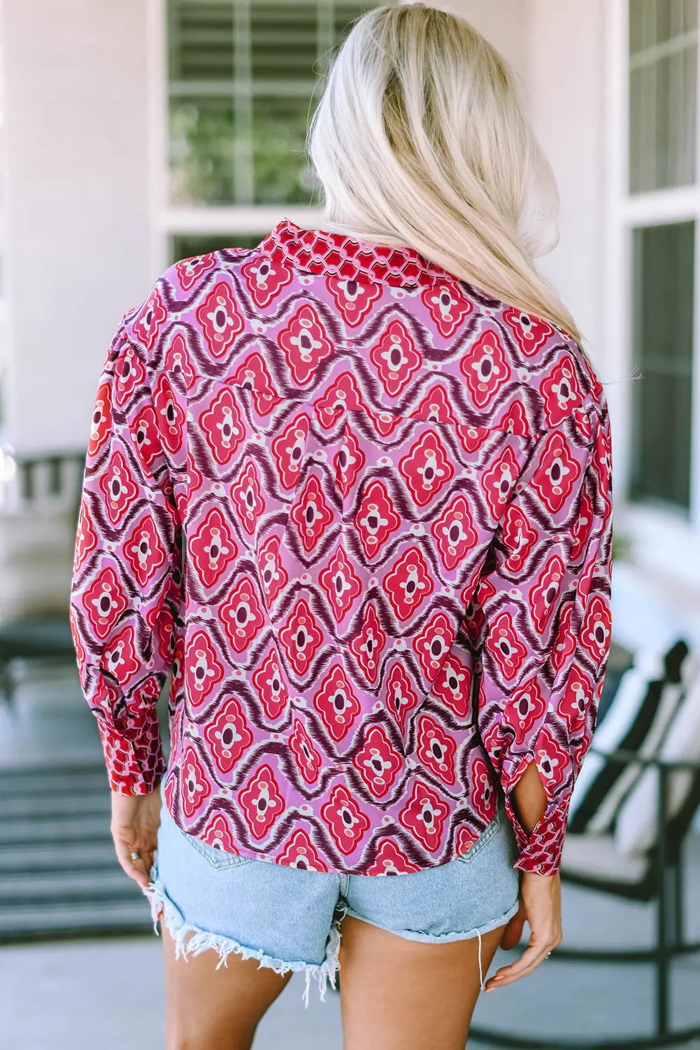 Rose abstract print button up long sleeve shirt - tops