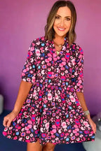 Rose Abstract Short Dress - V Neck Collared Half Sleeve - Fashionfitz