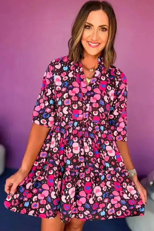 Rose Abstract Short Dress - V Neck Collared Half Sleeve - Fashionfitz