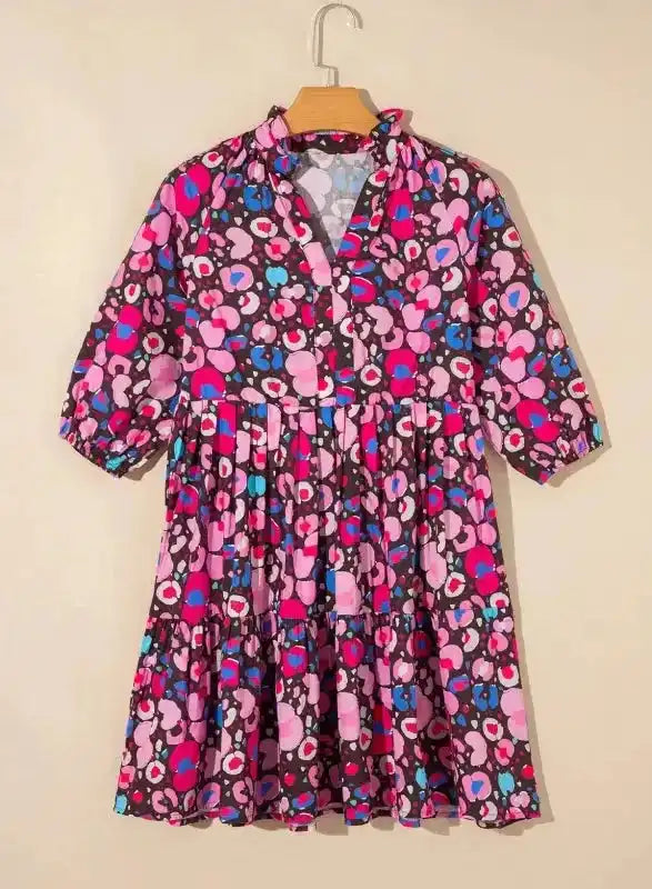 Rose Abstract Short Dress - V Neck Collared Half Sleeve - Fashionfitz
