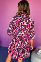 Rose Abstract Short Dress - V Neck Collared Half Sleeve - Fashionfitz